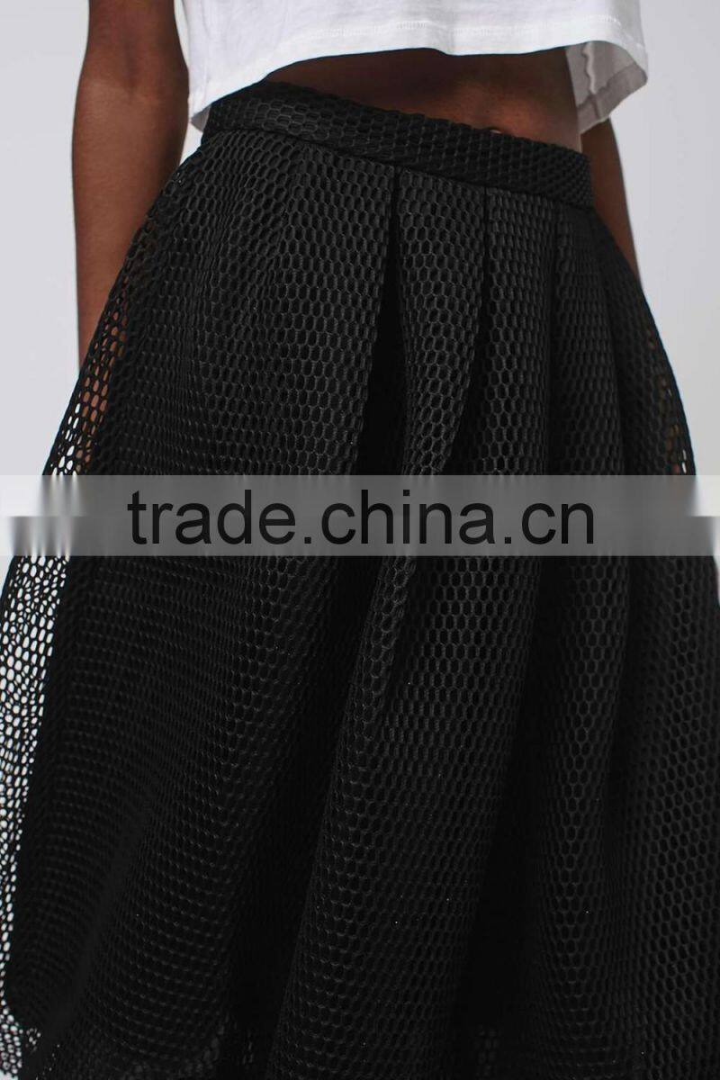 Wholesale women fancy plain black puffy mesh midi skirts