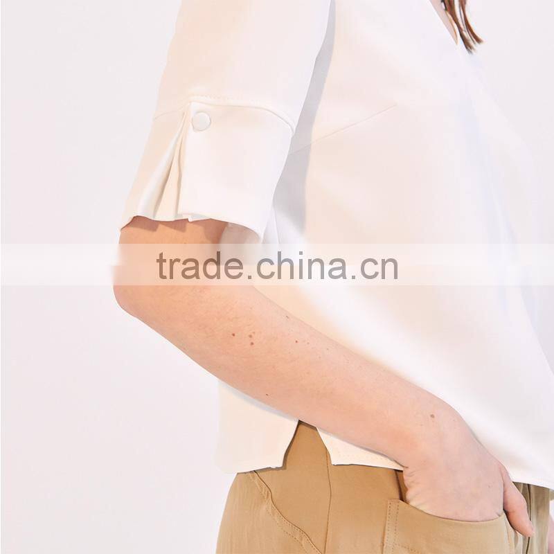Women's loose fit V neck press studs on short slited sleeves tank blouse