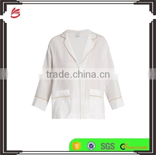 High Quality Shawl Collared White and Golden Color Contrasting Satin Sleepwear