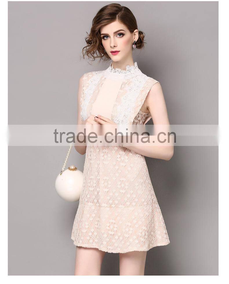 Dresses 2017 summer high grade lace neck collar sleeveless elegant lace stitching design backless party dress for women