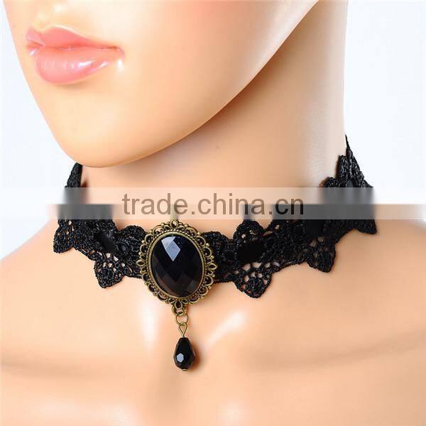 New Fashion Lace Choker Necklace Black Drop Pendant 32cm long