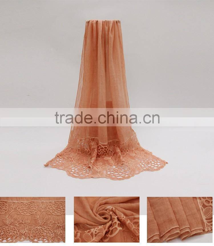 New fashion concise style plain dyed linon viscose thin flower lace trim ribbon hijab scarf