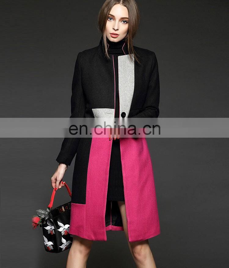 2015 Fashion long pink wool coats ladies single breasted winter coat