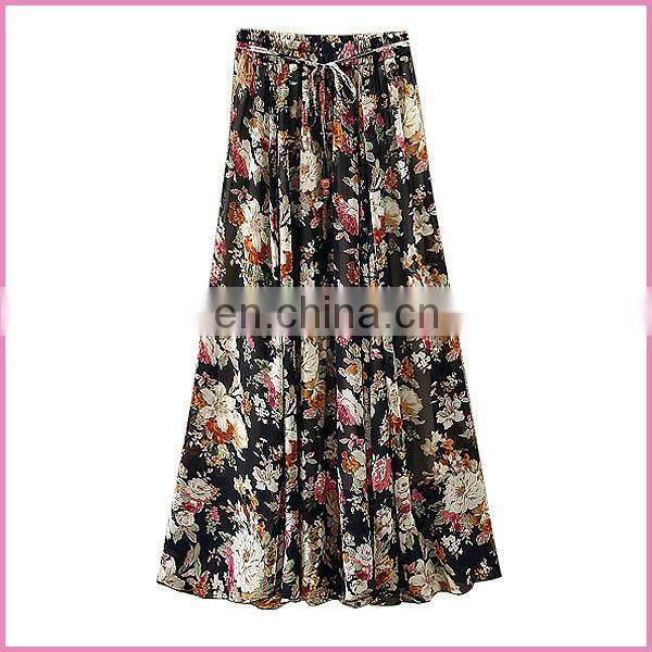 summer new fashion printed chiffon drawstring long skirt