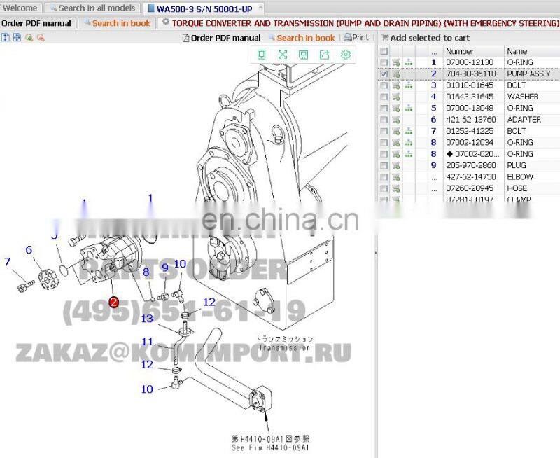 WA500 WA500-3 loader gear pump 704-30-36110 hydraulic pump made in China with high quality