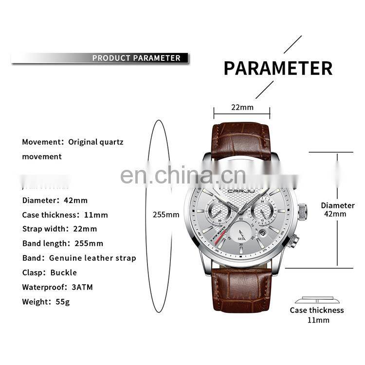 CRRJU 2212 Customized man quartz watch 3d case design chrono day waterproof fashion leather wristwatches men automatic