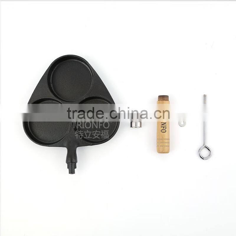 Mini three holes cast iron frying pan with wooden handle
