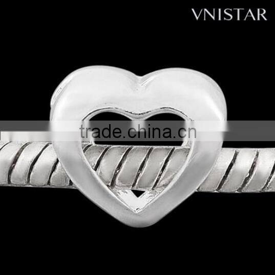 Vnistar Silver plated bead PBD1035, heart-shaped bead fit for european bracelet size in 10*11mm