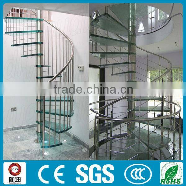 Curved Double stainlees steel stringer stairs with solid wood tread and glass railing