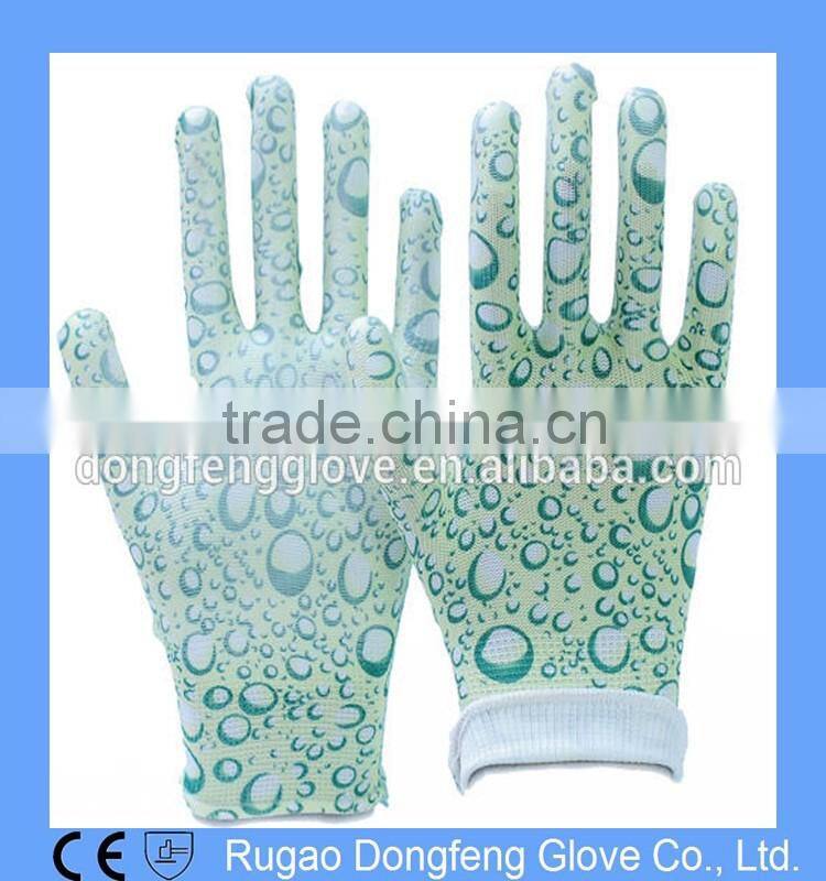 Polyester Printing Transparent Nitrile Coated Gardening Gloves