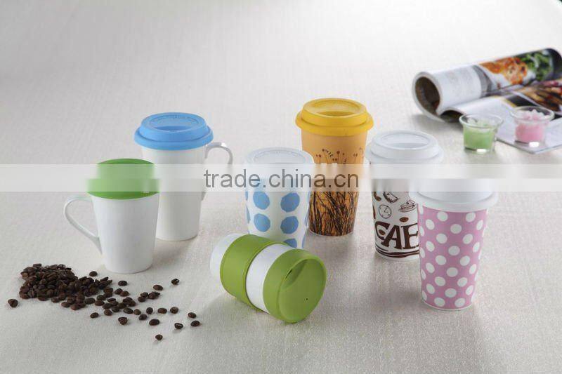14OZ porcelain coffee single/double wall mug with silicon lid sublimation mug