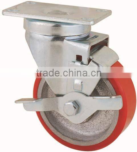 22 Series Double Ball Raceway Structure Top Plate Swivel Red PU on Cast Iron Caster with Side Brake