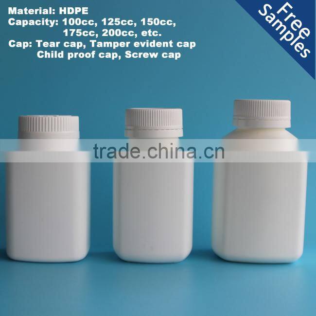 100cc, 125cc, 150cc, 175cc, 200cc, etc. Plastic HDPE medicine pill bottle, 500cc pharmaceutical capsule bottle