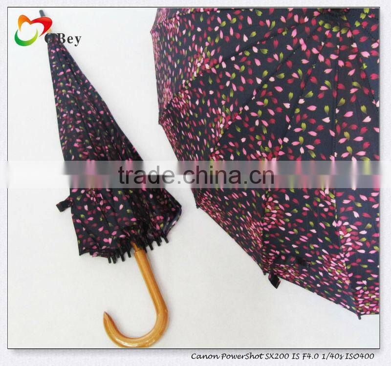 Flower print wooden straight umbrella