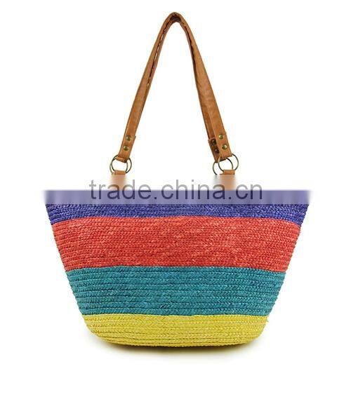 rainbow wheat straw women tote beach bag with long PU handle