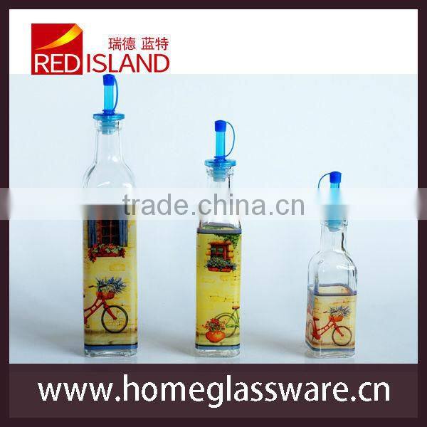 glass olive oil bottle with decal, vinegar bottle, glass bottle