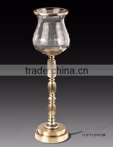 Antique Brass Candle Stick Holder, Hand Engraved Brass Mounted Crackle Glass Candle Holder For Tableware