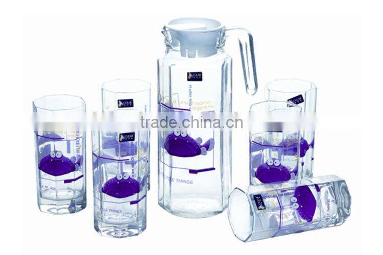 2015 new hot selling drinking glassware set, glass 7pcs water set with decal
