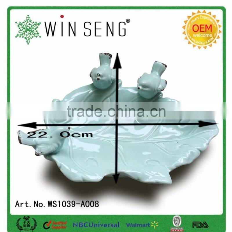 Garden decor glazed leaf bird ceramic porcelain plate, decorative plate