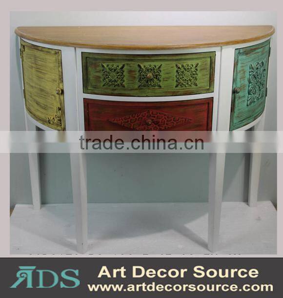 Antique metal frame console table with 4 wood drawers and shelf