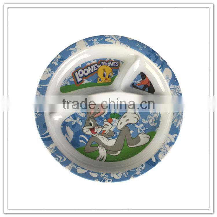 BPA free lovely cartoon print plastic 3 sections kids melamine divided plate