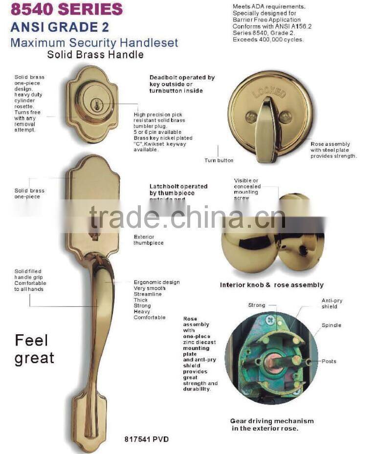 ANSI grade 2 brass hotel commercial residential door lever handleset lock