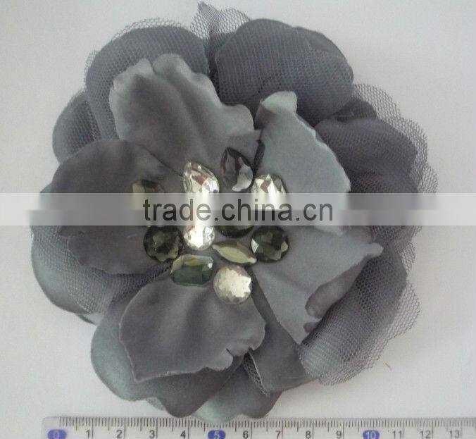 Fashion big soft artificial hair flower with rhinestome and guze