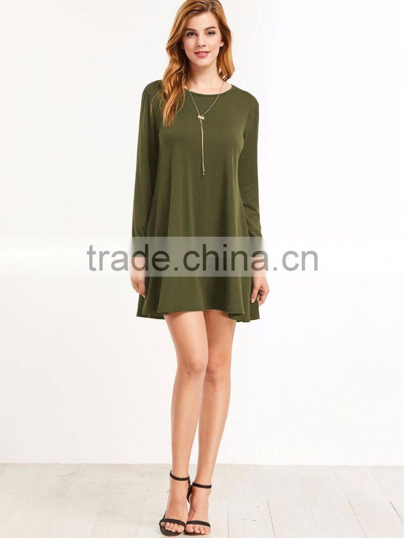 Army Green Colour Long Sleeve Tee Short Dress
