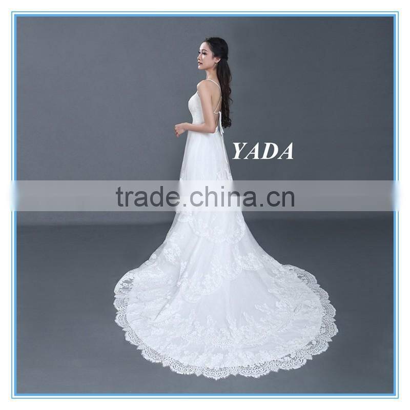 Spaghetti Strap Lace Sexy Low Back 5 Layers Ruffles Wedding Dress with Bridal Mantilla Veil