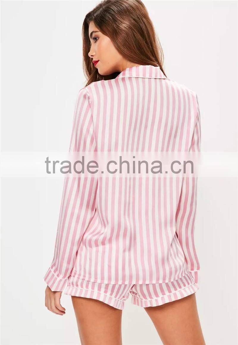 MGOO Custom Pink Stripe Satin Pyjamas High Waist Women Sleepwearing Satin All Over Print Nightwear