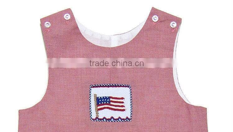 Baby Boy Red Micro Check Gingham Smocked American Flags Shortall
