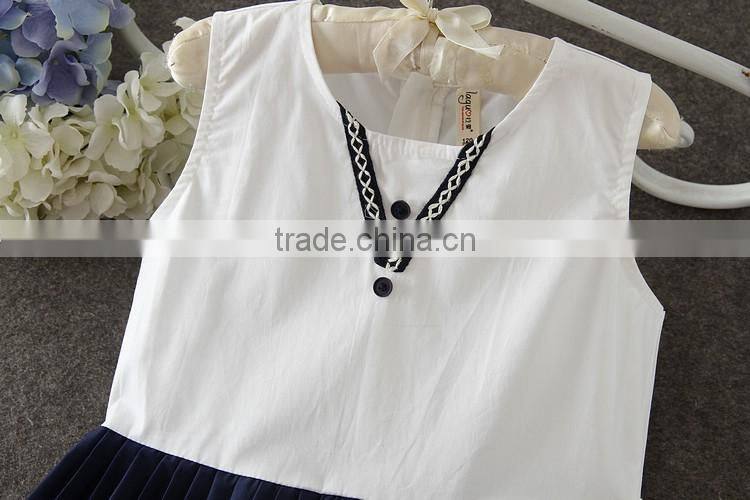 2017 New arrival Korean style white and blue casual dress children simple summer dress hoilday beach party dresses kids clothing