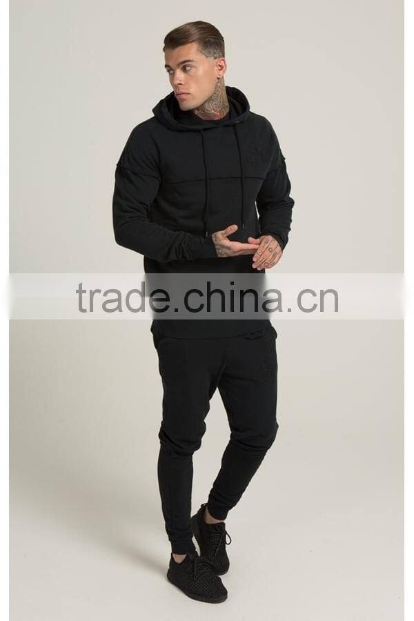 Black Raw Cut Mens Paneled Pullover Hoodie 100% Cotton Full Tracksuits Tapered Sweatpants Top Quality Tracksuit Tops and Bottoms