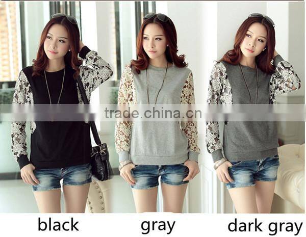 Korean style slim round neck long batwing sleeve women lace stitching plus size blank t-shirt