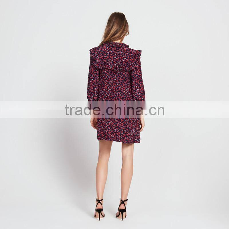 Ruffled at neck and cuff, ladies round neck and long sleeve dress