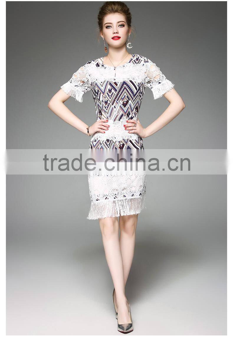 2017 New Design Factory Customized Summer Womens High Grade Slim Elegant Round Collar Tassels Short Sleeve Sexy party Dresses