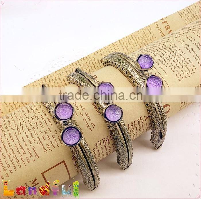 Vintage Purple Crystal Lotus Bead Sew In Frame Bronze Metal Clutch Purse Frame
