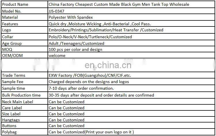 China Factory Cheapest Custom Made Black Gym Men Tank Top Wholesale