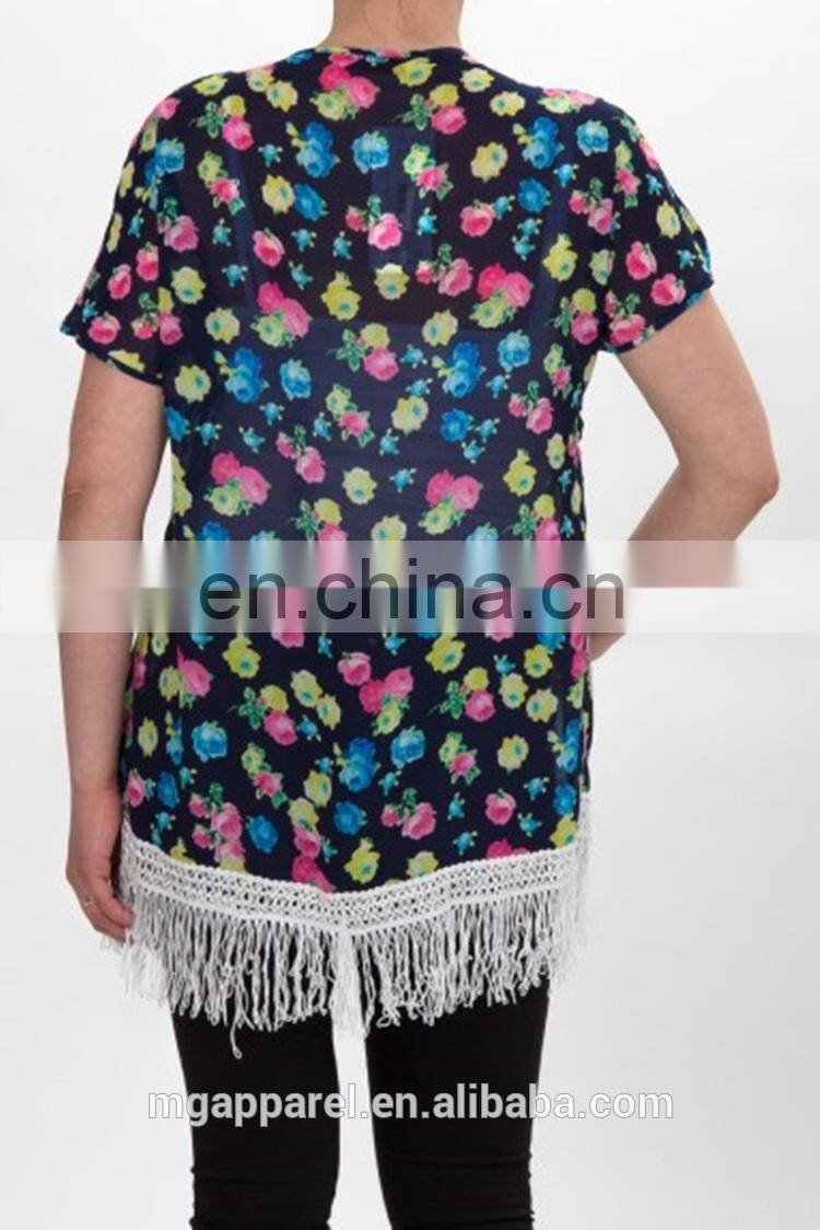 Cheap wholesale floral print no buttons sheer chiffon ladies vest with fringe