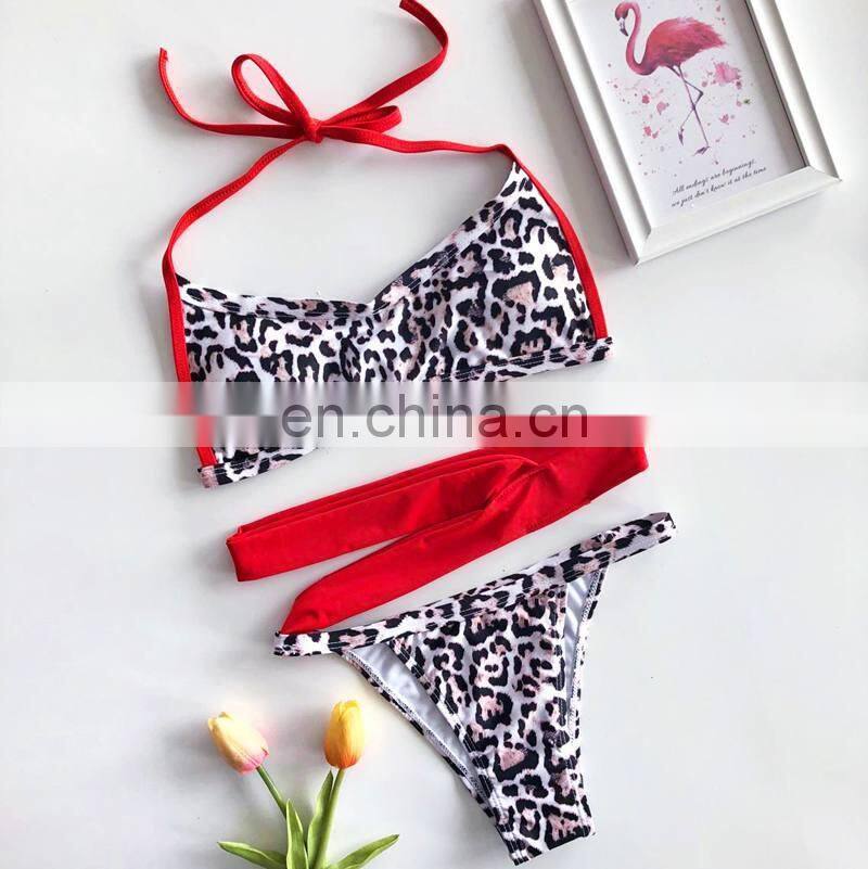 Sexy Leopard Bandage Bikini 2019 Thong Swimsuit Women Push Up Swimwear Halter Summer BeachWear High Cut Bikini Set Bath Suit