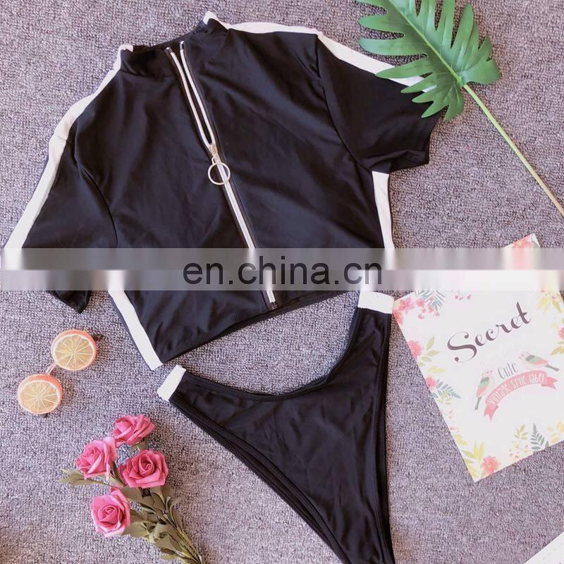 Seven-colour 2019 new high waist bikini deep v blue bikini zipper short sleeve women split 2 piece swimsuit fitness women A135