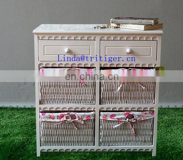 Factory wholesale solid paulownia MDF wood chest with wicker drawer storage cabinet
