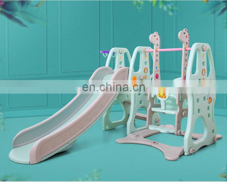Colorful giraffe carton children indoor plastic slide and swing playground toys equipment kids small kindergarten toys for sale
