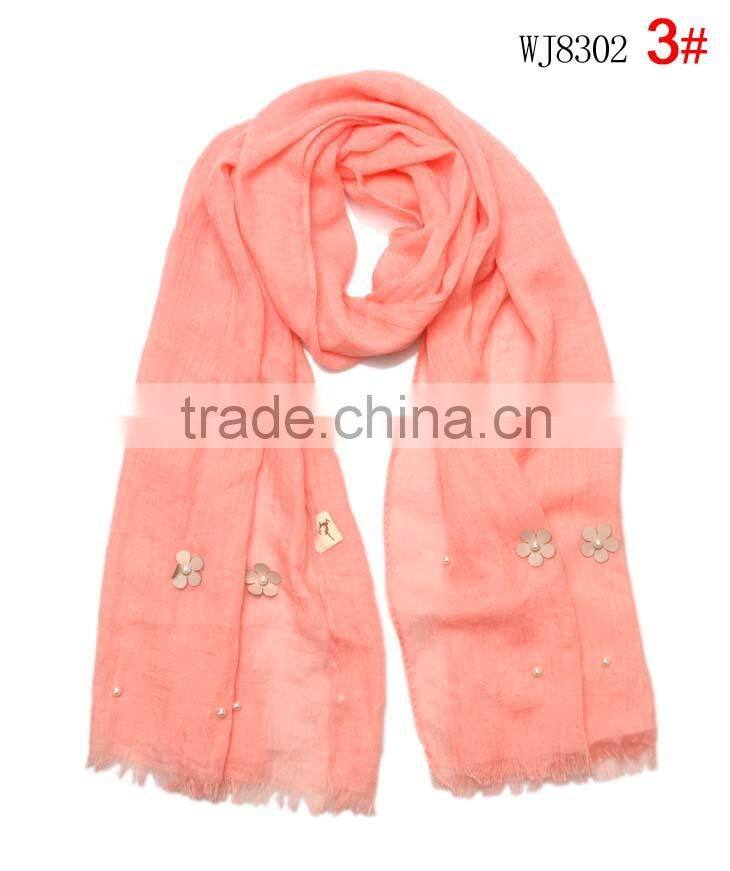 2015 Autumn Winter Newest Small Flower Applique Pearl Beads Fixed Soft Cotton Baby Girl Scarf