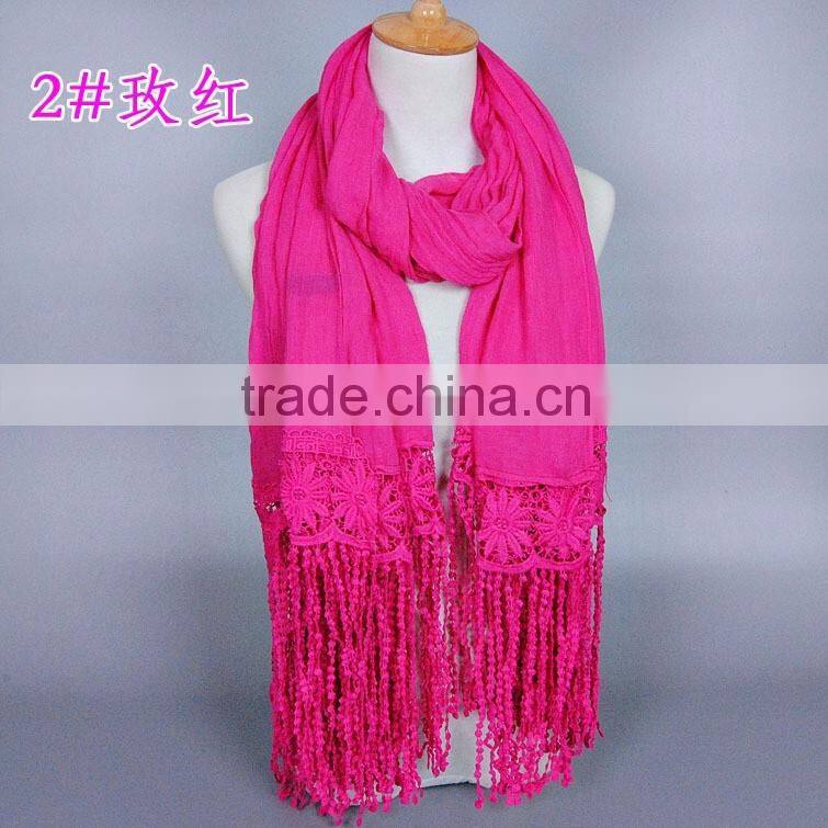 New Design Korea Women Fashion Cotton Plain Lace Scarf