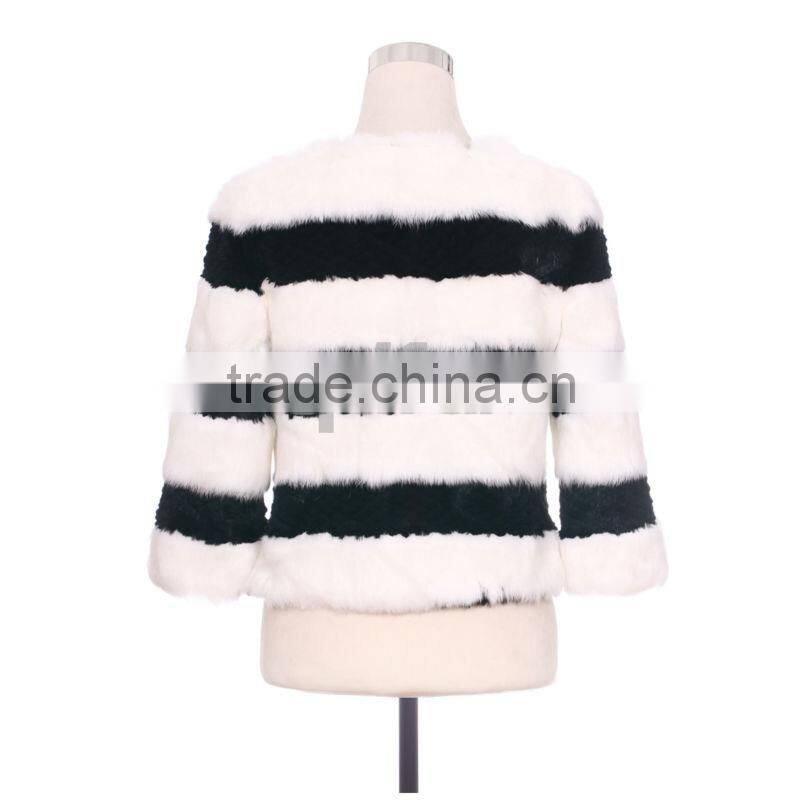 QD30538 Plus Size Intimate Winter Apparel Shearing Black White Rabbit Fur Lady Jacket