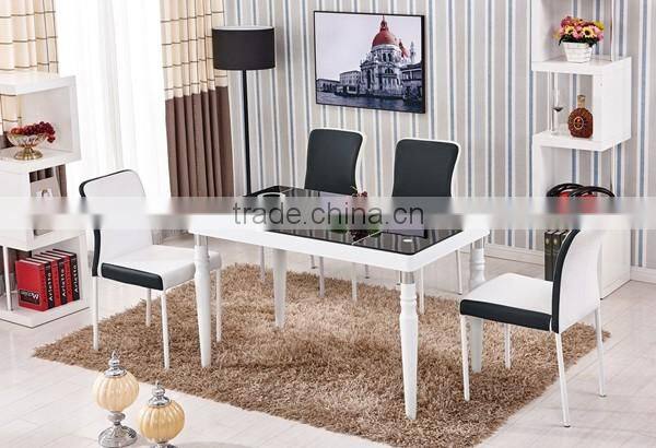 glass top wooden color steel leg dining table with tempered glass top