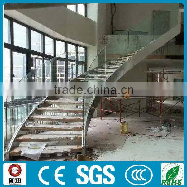 Curved Double stainlees steel stringer stairs with solid wood tread and glass railing
