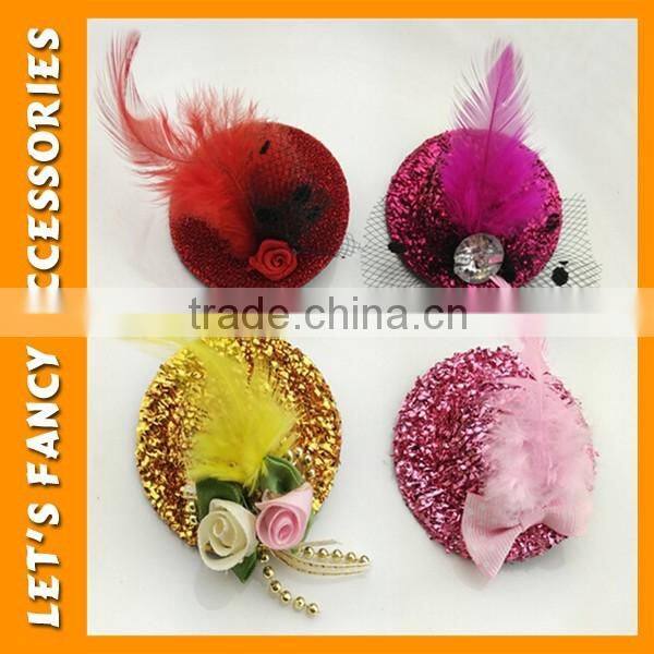 PGHD0690 Wholesale mixed color mini glitter hats feather hair clips for kids