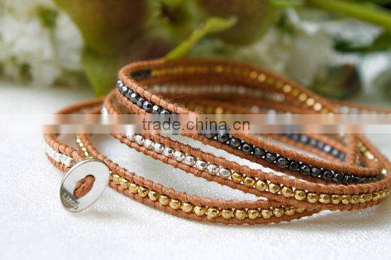 Gold plated Stripe Leather Bracelet with colorful beads